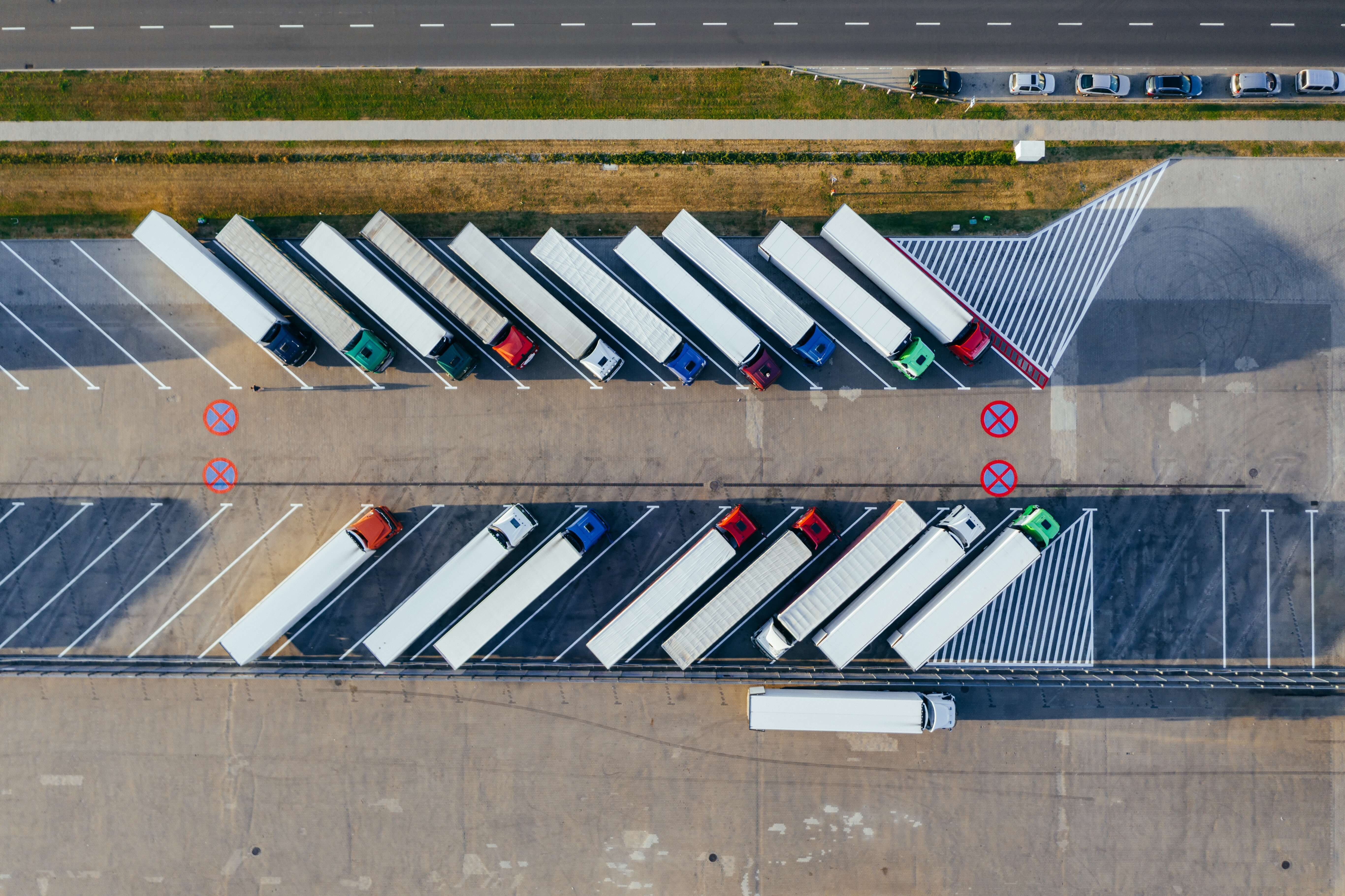 Trucks are in the parking lot